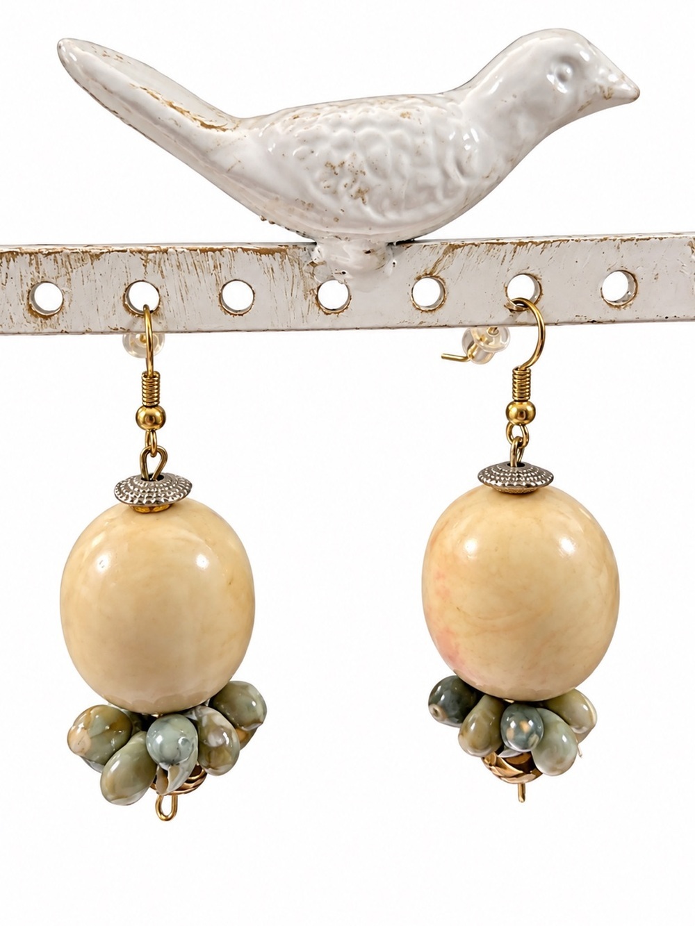 Boho Cream Stone Shell Cluster Drop Earrings Bronze handmade.